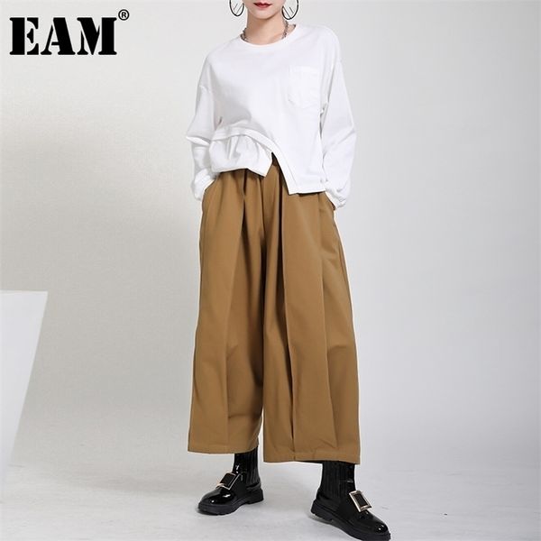 

[eam] high elastic waist draped long wide leg trousers loose fit pants women fashion spring autumn 1dd0404 211115, Black;white