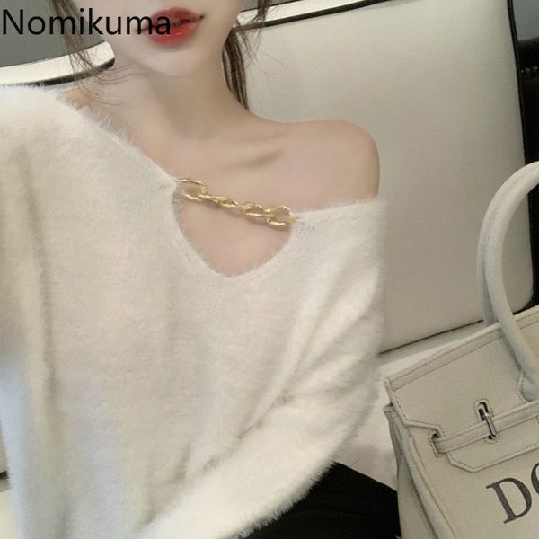 

nomikuma korean style pullover v neck chain design long sleeve sweater women solid color fashion jumpers ladies 3d339 210514, White;black
