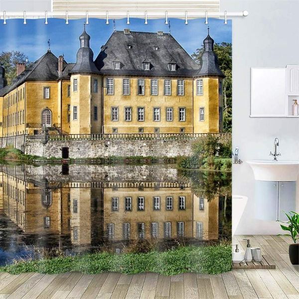 

shower curtains curtain, polyester fabric waterproof hooks included-72x72 inches- juchen germany dyck castle building landmark
