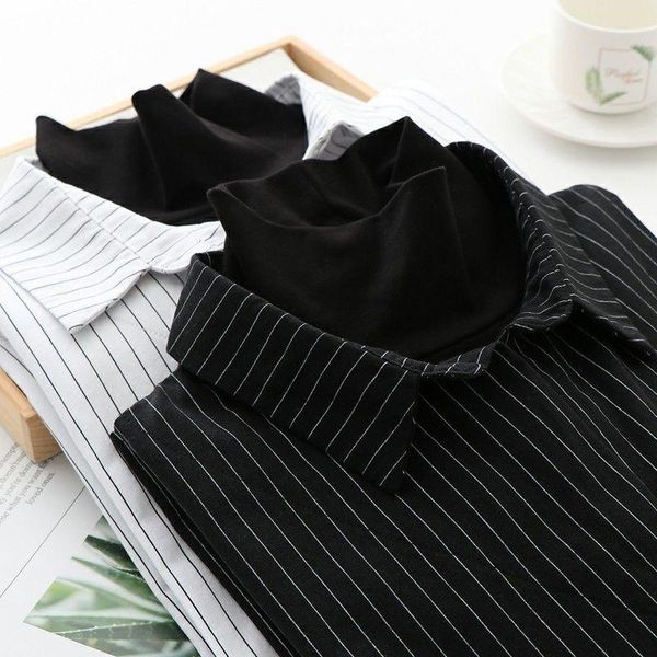 

men's t-shirts hong kong-style retro high-necked vertical striped fake two-piece shirt 2021 spring dress casual wind dark tie loose top, White;black