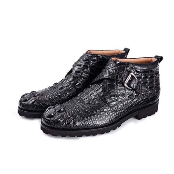 

boots ouluoer thailand crocodile leather men shoes male business casual round head high help men's, Black