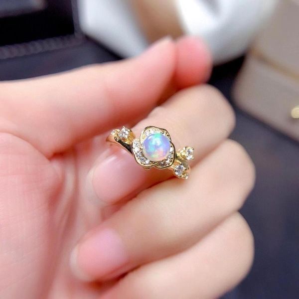 

beautiful natural opal gemstone ring for women real 925 silver fireworks color gem birthday party gift l 7*9mm size oval cluster rings, Golden;silver