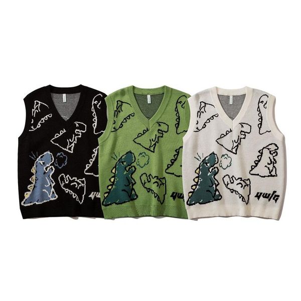 

men's vests v-neck sweater vest japanese cartoon harajuku trend loose ins waistcoat couple casual, Black;white