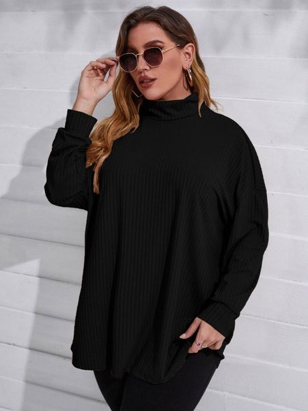 

plus turtleneck drop shoulder tee without belt 47d9#, Black;gray