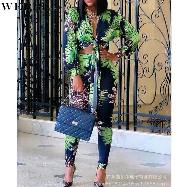 

women's two piece pants wepbel leaves printing suit autumn fashion long sleeve v-neck bandage + high waist slim fit pencil, White