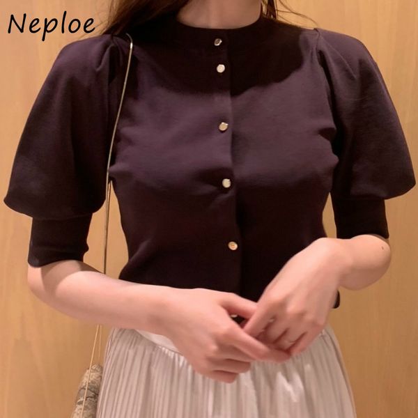 

neploe new sweet warm all-match o-neck cardigan solid color chic button sweater women 2021 autumn loose puff sleeve coat, Black