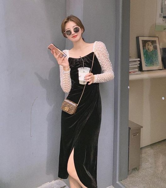 

real s 2021 autumn / winter mesh embroidery stitching velvet dress children's back lace up split design casual dresses, Black;gray