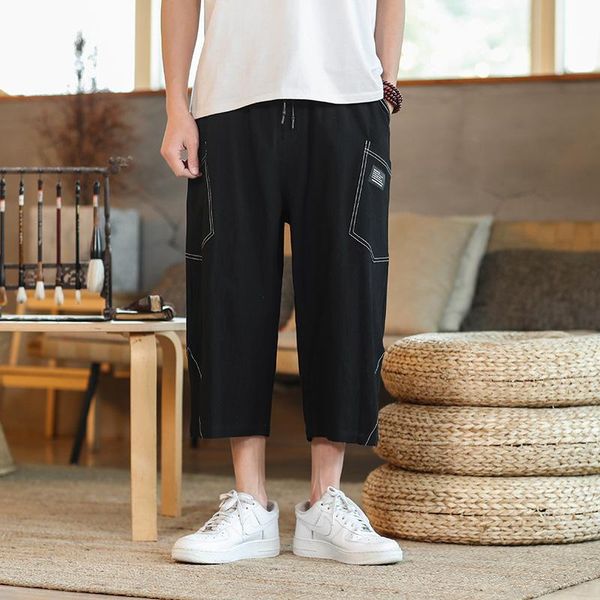 

men's pants men clothing 2021 summer plus size sports linen chinese style casual cropped trousers, Black