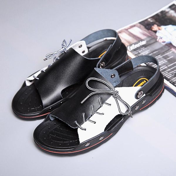 

sandals 2021 fashion summer slippers men peep toe pu flip flops shoes male outdoor non-slip flat beach slides big size 38-48, Black