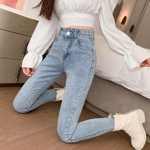 

women's jeans high waist quarter light leggings 2021 spring slim blue pants