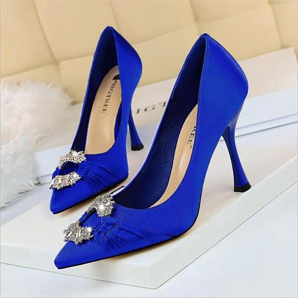 

dress shoes 2021 woman's 10cm high heel scarpins crystal satin pumps female silk blue green wedding bridal valentine burgundy fetish, Black