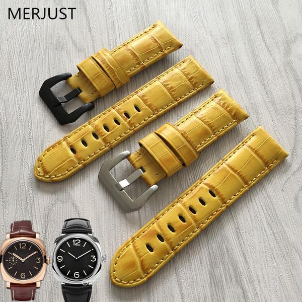 

watch bands merjust italian genuine leather handmade yellow band retro straps 24mmfor pam man tool, Black;brown
