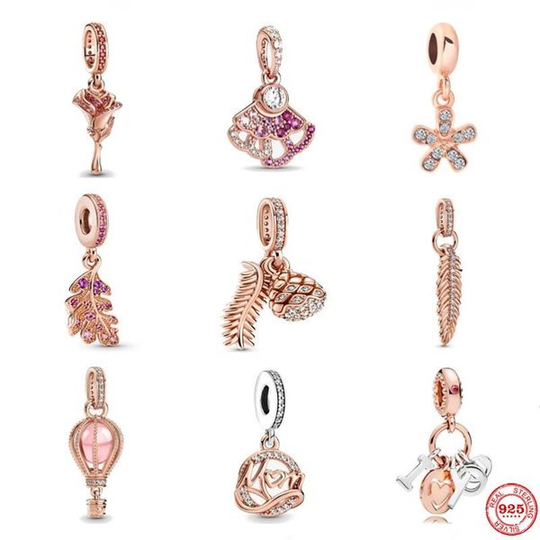 

other 925 silver fine air balloon charm rose gold flower leaves bead suitable for original bracelet diy lady jewelry