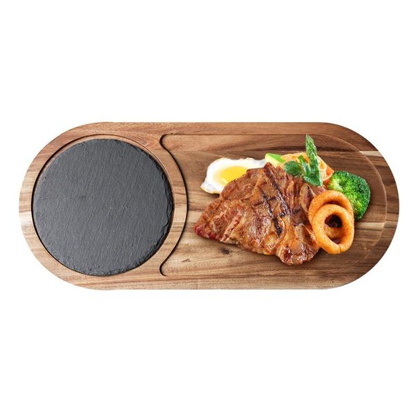

dishes & plates steak serving board multipurpose wooden tray easy to clean oval plate with slate stone for home kitchen