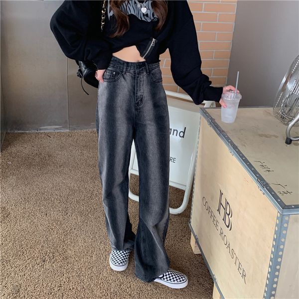 

jean female style korean fashion 100% straight cotton whiter oversize loose vintage long jeans jean, Blue