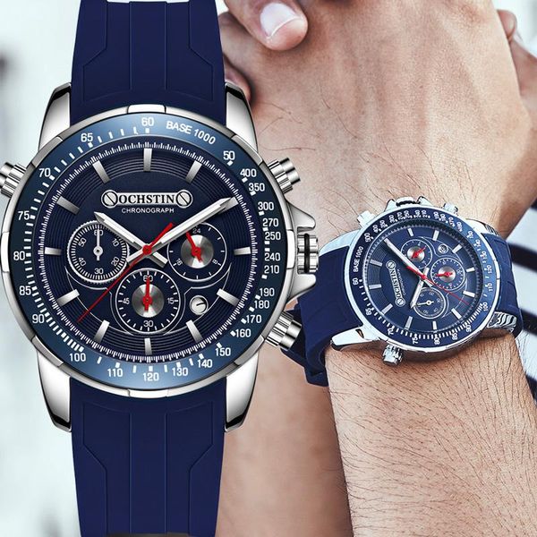 

wristwatches ochstin man wristwatch chronograph sport men watch military army blue rubber band classic male clock gift 6125, Slivery;brown