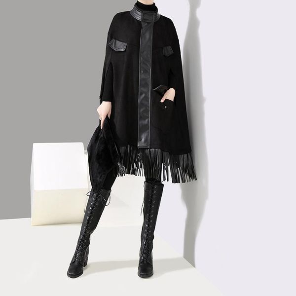 

women's trench coats johnature women 2021 spring winter black patchwork pu turtleneck batwing tassel high street loose, Tan;black
