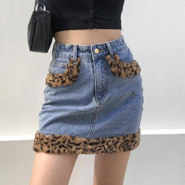 

patchwork furry leopard high waist jeans skirts womens casual fashion pokcet mini skirt ladies harajuku streetwear, Black