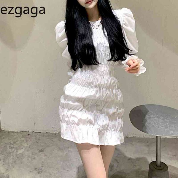 

ezgaga elegant dress women puff sleeve ruched spring solid korean fashion dresses streetwear ladies bodycon dress vestidos 210430, Black;gray