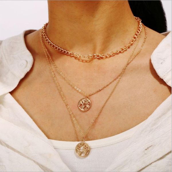 

chokers vintage multilayer tree map pendant necklaces for women punk gold silver color geometric collar chain trendy jewelry, Golden;silver