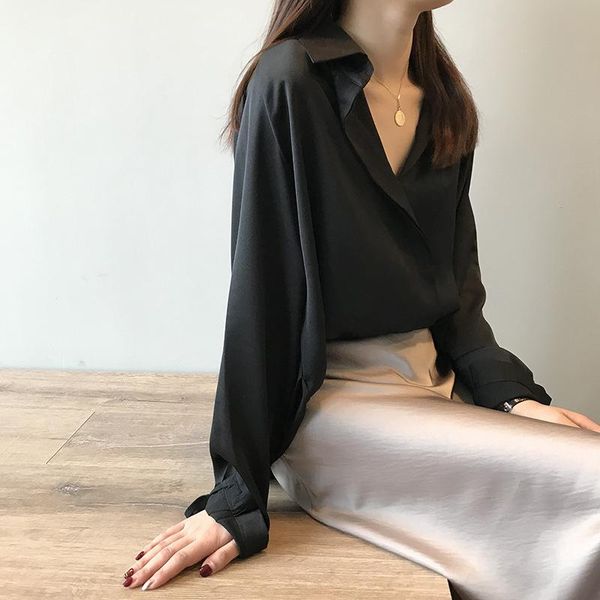 

women's blouses & shirts korean turn down collar design long sleeve blouse women solid loose pullover autumn winter mature blusas shirt, White