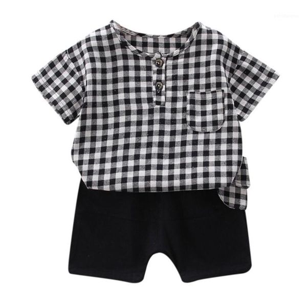 

clothing sets boy summer big plaid shirt shorts two-pieces suits1, White