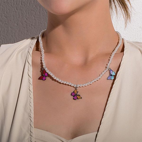 

chokers bohemian colorful butterfly pendant necklace for woman gothic pearl beaded clavicle choker fashion female jewelry, Golden;silver