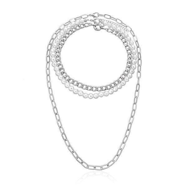

chokers vintage punk layered pearl choker pendant chunky chain necklace for women hip hop silver color collar party fashion jewelry gift, Golden;silver