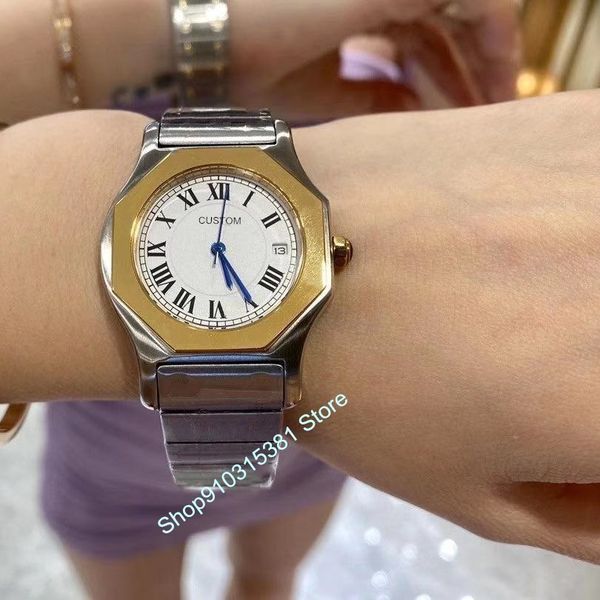 Vintage moda senhora suíço quartzo octógono relógio geométrico casal de aço inoxidável relógio homens mulheres safira marca relógio de parafuso
