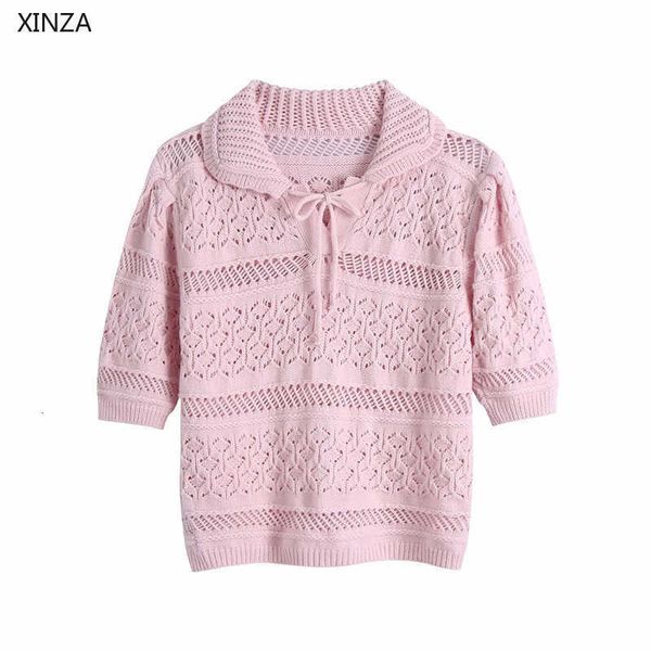 

women's sweaters women pink cropped knit sweater spring short sleeve drawcord lapel collar pullover woman openwork vintage knitte, White;black
