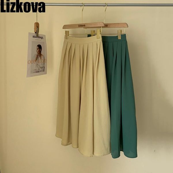 

skirts lizkova summer pleated midi women 2021 plus size elastic waist long faldas harajuru longue jupe, Black