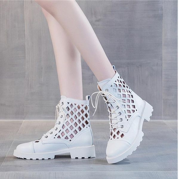 

boots 2021 women ankle lace up shoes big size 42 platform female hollow out woman pu leather women's round toe, Black