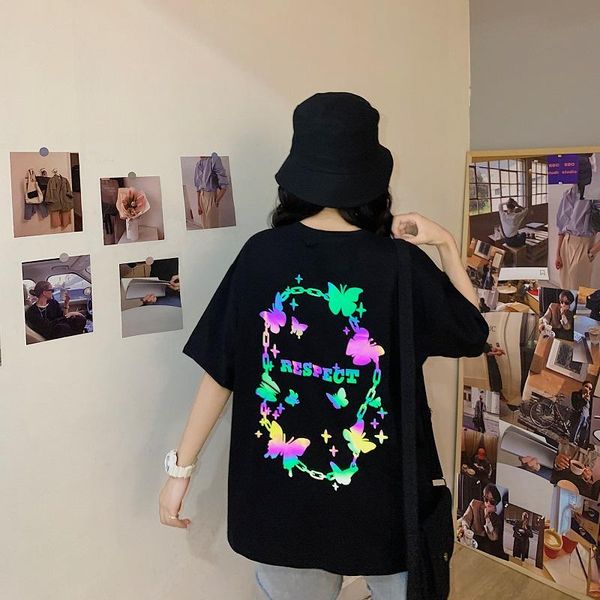 

women's t-shirt cotton female korean casual harajuku style summer butterflies chain fluorescence print pattern fashion women, White