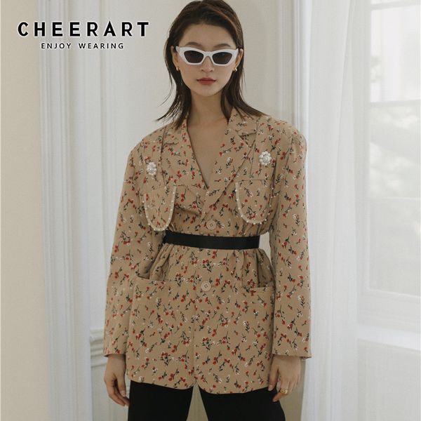 Blazer floreale vintage da donna Khaki Pearl Patch Designer Jacket Autunno Fashion Button Coat Suit Ladies 210427