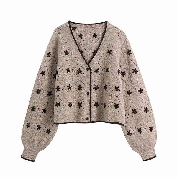

women's retro flower embroidery knitted jacket fashion v-neck jacquard pattern lantern sleeve sweater cardigan spring style 210521, White