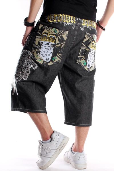 

men's shorts style hip hop denim embroidered trousers high street loose straight-leg pants streetwear casual jeans, White;black