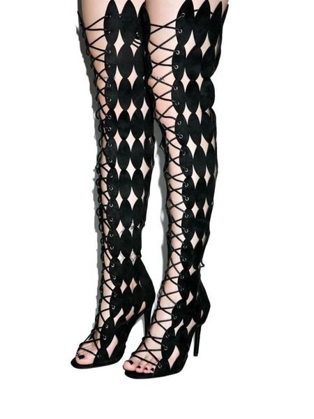 

boots hollow over the knee women cut out long crossed-tied peep toe super sexy, Black