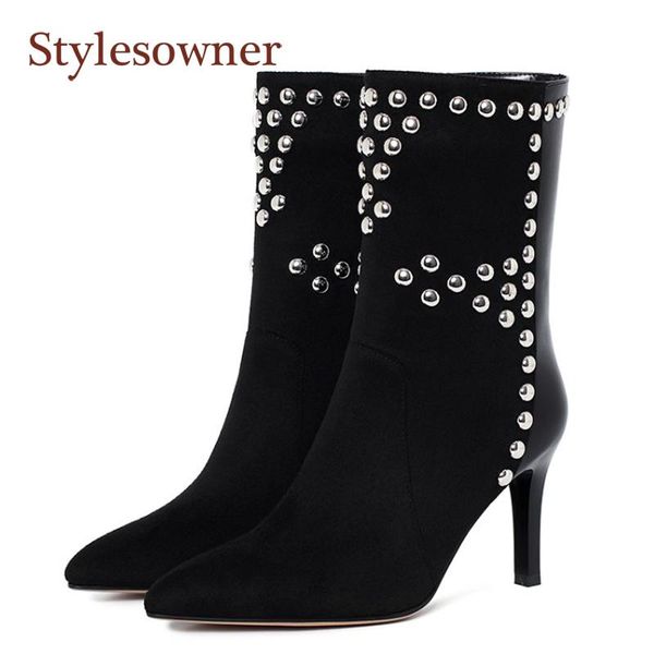 

boots pointed toe rivet thin heel long-tube woman black all-match kid suede slip-on western 2021 spring autumn shoes