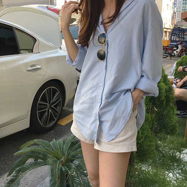 

korea fashion women long sleeve loose irregularity casual shirt turn-down collar solid retro blouse female white s90 210608