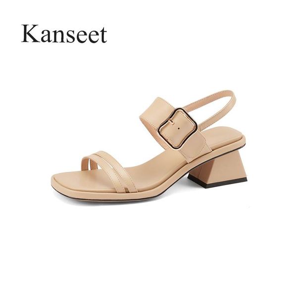 

sandals kanseet thick heel open-toed women's 2021 summer concise genuine leather buckle strap footwear big size 41 femlae shoes, Black