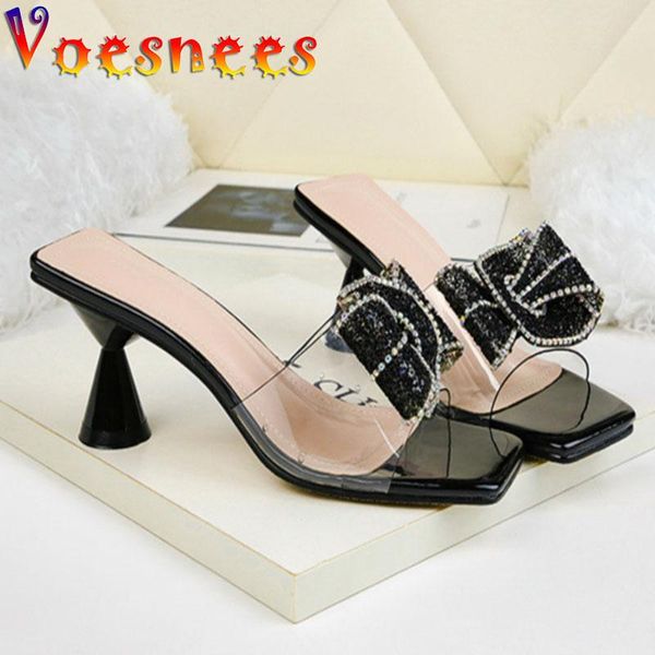 

slippers 2021 transparent pvc female slipper shining rhinestone big bow sandals fashion square end 6.5cm summer high-heel shoes, Black
