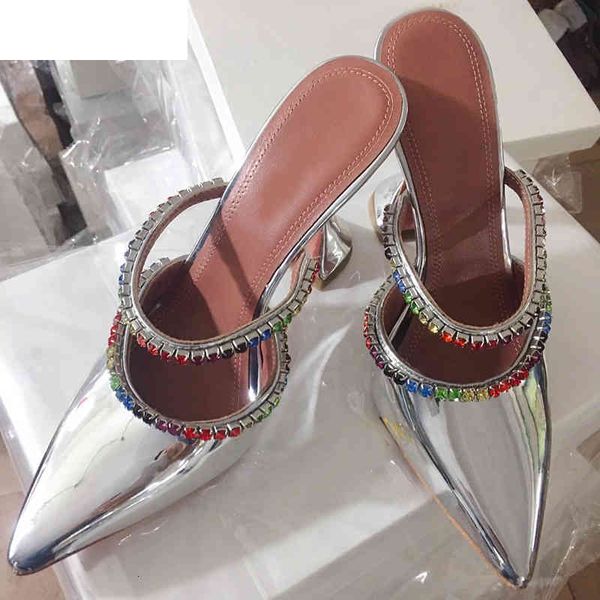 

sandals bling bling crystal cup high heel slippers women silver mirror leather pointed toe sandals summer party dress shoes p, Black