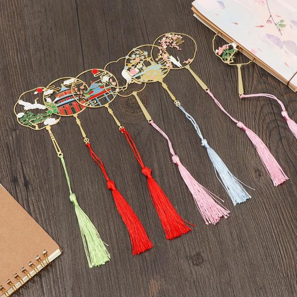 

brass metal fan bookmark chinese style vintage architecture animal tassel book clip pagination mark