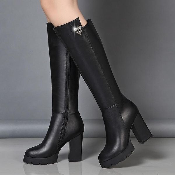 

boots korean super thick heel fashion round head high 10cm long tube, Black