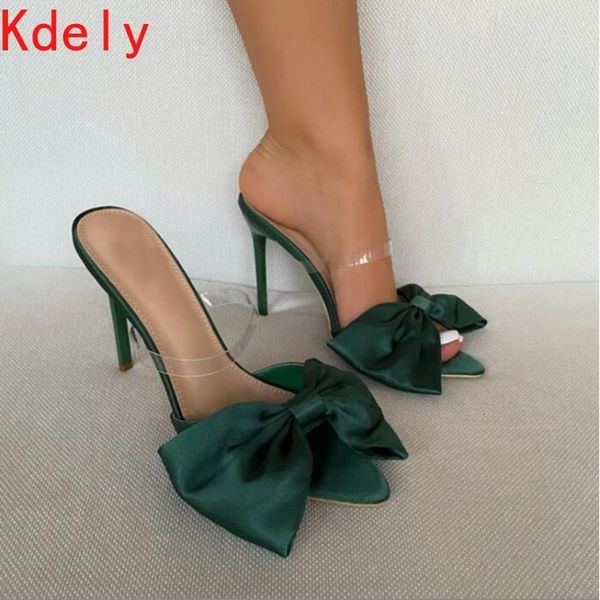 

sandals summer concise silk butterfly-knot stiletto mules women's pumps 2021 pointed toe slingbacks ladies party shoes fumw, Black