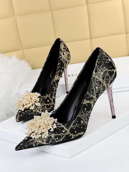 

dress shoes party high-heeled high heel with shallow pointed mouth pearl flower diamond single for women's 2021, Black