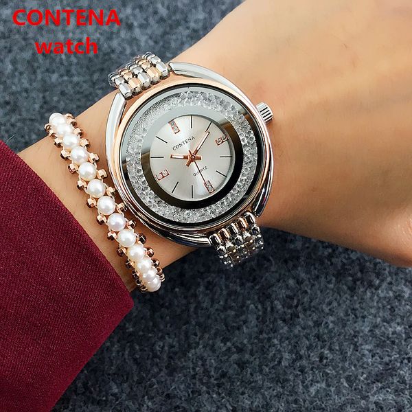 

reloj mujer brand contena women rose gold bracelet luxe strass ladies watches seed relogio feminino, Slivery;brown