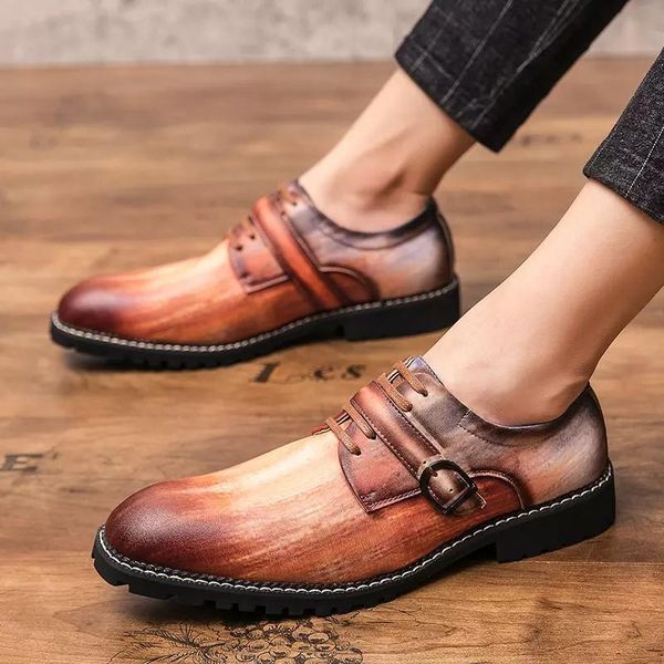 

men dress shoes pu leather pointed toe lace up male business shoe mixed color buckle british style formal, Black