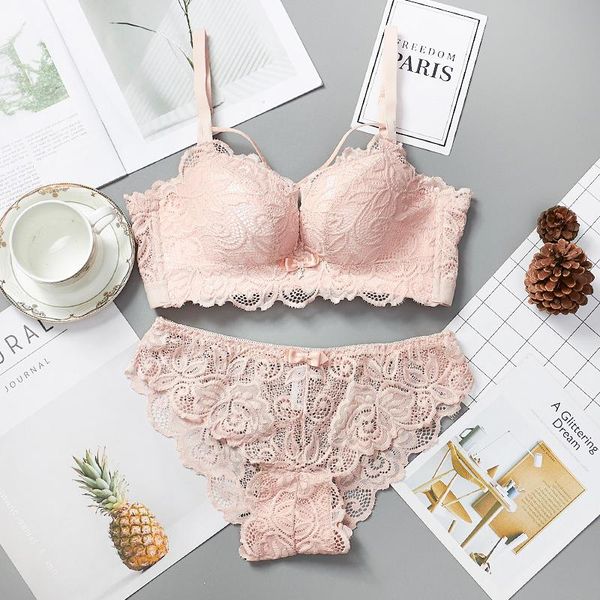

bras sets underwear wire women push up bra set lace floral embroidery hollow thicken small chest and panties, Red;black