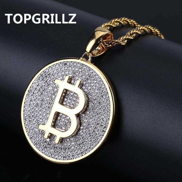 

rillz gold color iced out round micro pave full cubic zircon big bitcoin pendant necklace charm men women hiphop jewelry, Silver